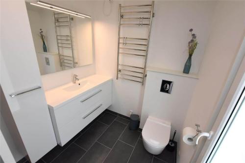 a bathroom with a sink and a toilet and a mirror at 0362-Romo-Skovskaden-17 in Mølby