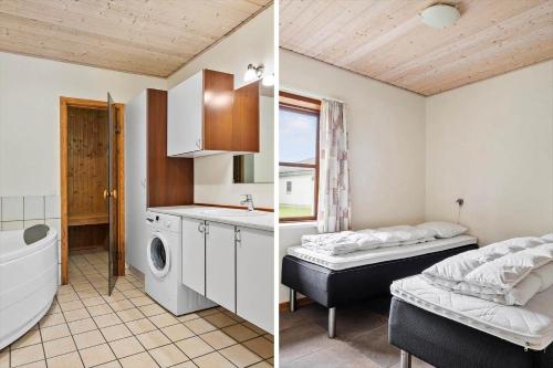 two pictures of a bathroom with a bed and a sink at 0462-Romo-Romersvej-9-Ap-2 in Rømø Kirkeby