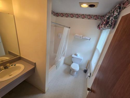 a bathroom with a toilet and a sink at Lake View Motel in Cooperstown
