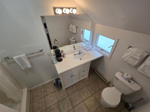 a bathroom with a sink and a toilet and a mirror at Lake View Motel in Cooperstown