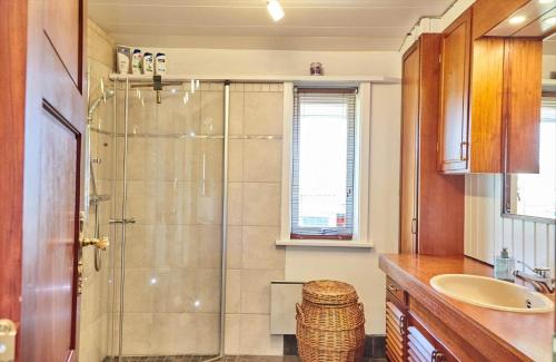 a bathroom with a shower and a sink at 14249-Grevinge-Strandmosen-4 in Grevinge