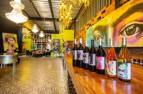 a row of bottles of wine sitting on a bar at Casa Frida in Valle de Guadalupe