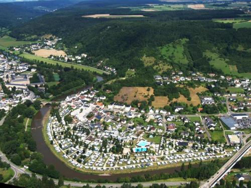 an aerial view of a city with a harbor at Tent Lodge near Echternach Nature Park in Echternacherbrück