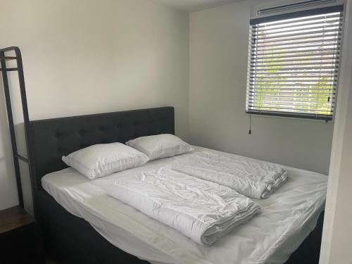 a bed with two pillows on it in a bedroom at Chalet by Water in Idskenhuizen Recreation Park in Idskenhuizen