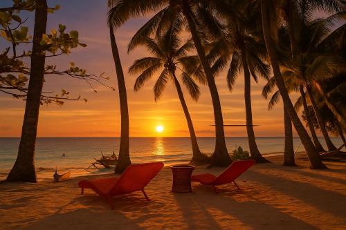 een zonsondergang op een strand met palmbomen en stoelen bij La Suerte Villa in Boracay