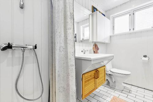 克内贝尔8210-Knebel-Kamillevej-16的带水槽、马桶和淋浴的浴室