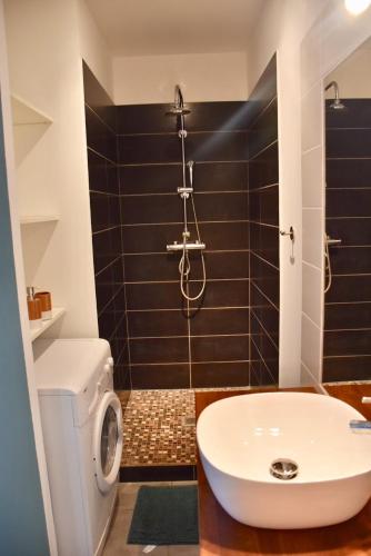 a bathroom with a shower and a toilet and a sink at Maisonette de Charme à Terre Sainte in Saint-Pierre