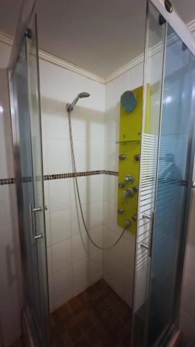 a shower in a bathroom with a glass shower stall at Hotel Casa del Profesor in Iquique