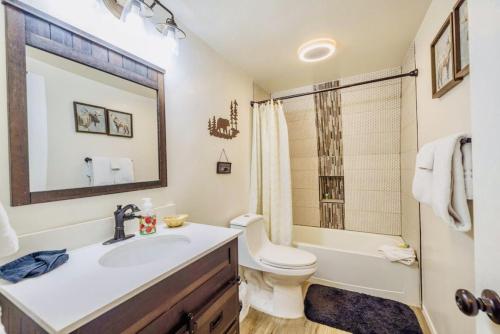 a bathroom with a sink and a toilet and a tub at Moonlight Memories Jacuzzi, Theatre, Dogs Okay! in Big Bear Lake