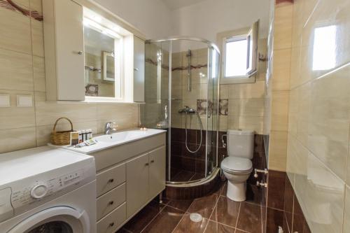 a bathroom with a shower and a toilet and a sink at Iphimedeia Luxury Hotel & Suites in Naxos Chora