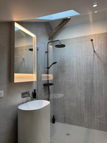 a bathroom with a sink and a shower with a mirror at Il Clovio - Discreet luxury, close to Futuroscope in Jaunay-Marigny