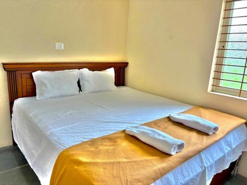 a bedroom with a bed with two pillows on it at Deeksha homestay in Hampi