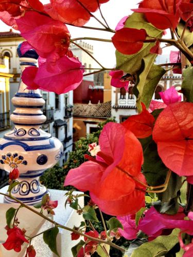 a blue and white vase sitting next to red flowers at Hotel Boutique Elvira Plaza in Seville