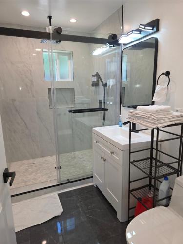 a bathroom with a shower and a toilet and a sink at Casa One in Winnetka
