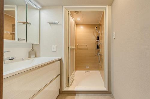 a bathroom with a shower and a sink and a mirror at 365Ueno in Tokyo