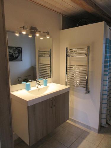 a bathroom with a sink and a mirror at Hedelodden Apartment in Uve