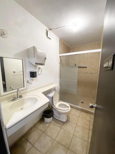a bathroom with a sink and a toilet and a shower at Quinta Casa Cedros in Monterrey