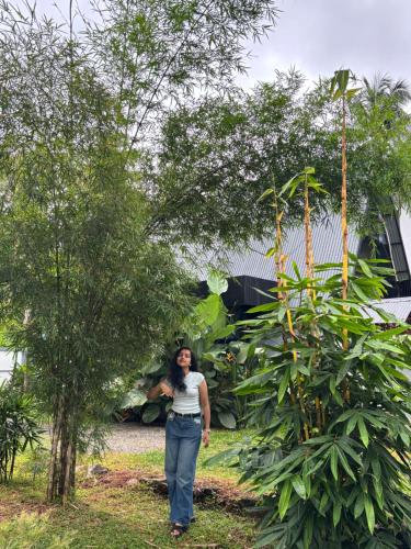 a man standing between two trees in a garden at Cherry Blossoms Chalet in Kozhikode