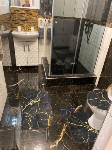 a bathroom with a toilet and a sink and a mirror at Silumetras in Ventspils