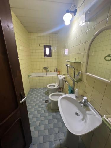 Un baño con dos inodoros y un lavabo. en Исторический частный дом, en Kobuleti