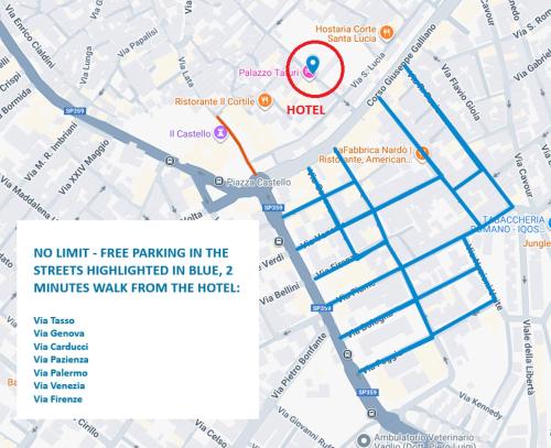 a map of the fire fighting in the streets indicated in blue and numbers walk from at Palazzo Tafuri Boutique Hotel in Nardò