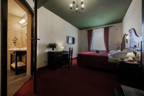 a bedroom with a bed and a sink and a mirror at Hotel Kasztel in Rzezawa
