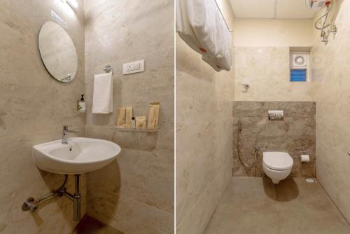 two pictures of a bathroom with a sink and a toilet at Treebo Memories Inn in Bengaluru