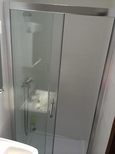 a glass shower in a bathroom with a sink at Private Room in Old Town in Viana do Castelo