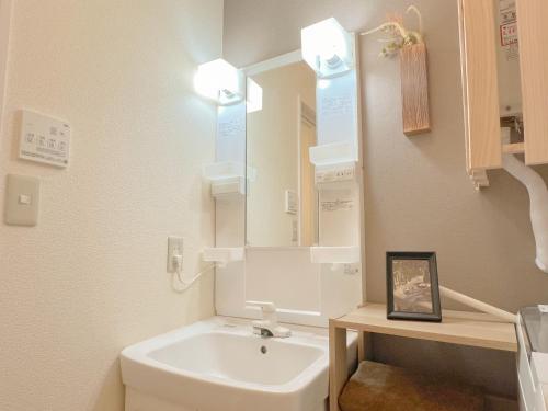 a bathroom with a sink and a mirror at Asakusa 2 Double Beds Apt, Free WiFi in Tokyo