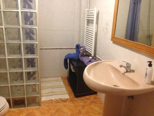 a bathroom with a sink and a toilet and a mirror at Apartamentos Islas Canarias in Icod de los Vinos