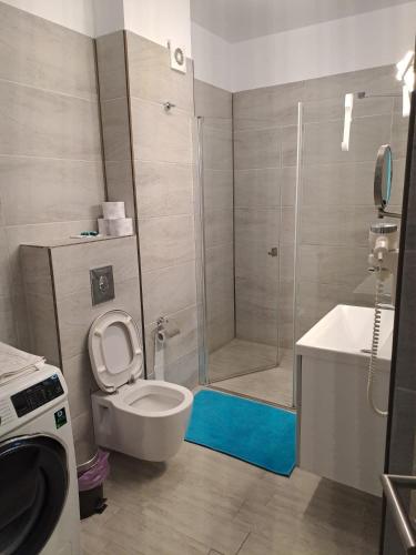 a bathroom with a shower and a toilet and a sink at Alezzi Seaside in Năvodari