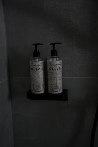 two bottles sitting on a shelf in a bathroom at Vineyard Escape Herbersteinova klet in Juršinci