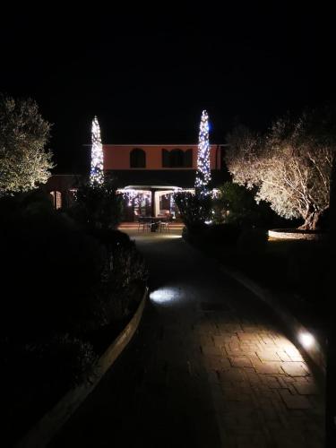 a building with two christmas trees lit up at night at B&B Villa Argiolas in Modena
