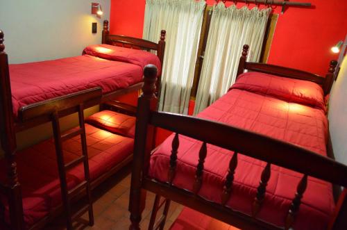 two bunk beds in a room with red walls at Hostal Alamo in Cafayate