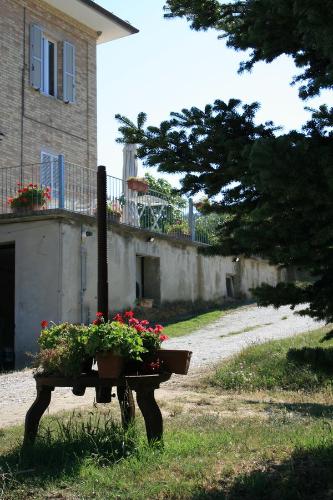 a bench with flowers on it in front of a building at Da Zarè in Campofilone