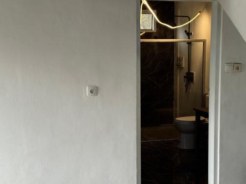 a bathroom with a toilet and a light on the wall at Lentera Lombok in Tetebatu