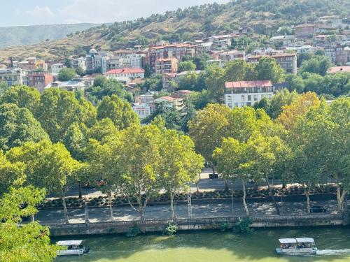 a city with a river and trees and buildings at Cozy Old Tbilisi Apartment in Avlabari in Tbilisi City