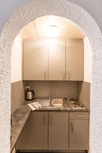 an arched kitchen with a sink and a stove at Appartmenthaus Josefikeller in Podersdorf am See