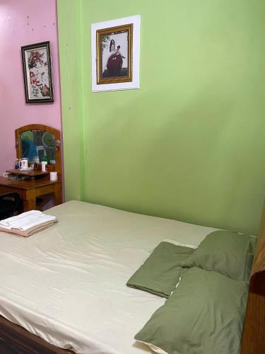 ドンホイにあるHanh Thông Homestayの緑の壁のドミトリールーム(ベッド1台)