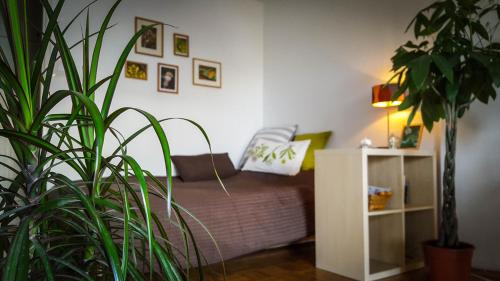 ein Wohnzimmer mit einem Sofa und einer Topfpflanze in der Unterkunft Sopot Apartament in Sopot