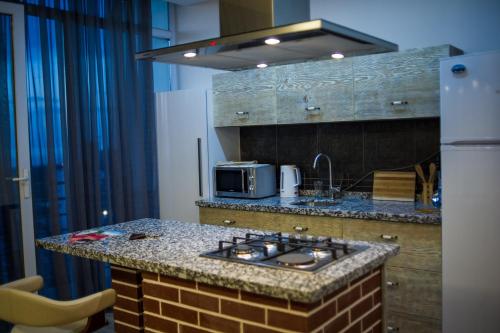 eine Küche mit einer Theke mit einer Spüle und einer Mikrowelle in der Unterkunft Apartment on Takaishvili in Batumi