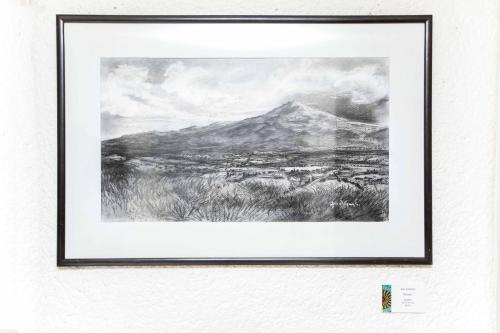 a framed drawing of a mountain on a wall at Pórtico Hotel & Galería in Morelia