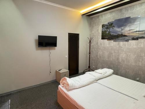 Un dormitorio con una cama y un televisor de pantalla plana. en Old Town Hostel, en Samarkand