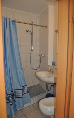 a bathroom with a shower and a toilet and a sink at Gästehaus Im Unnerdorf 