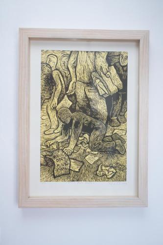 a framed drawing of a monkey and a snake at Pórtico Hotel & Galería in Morelia