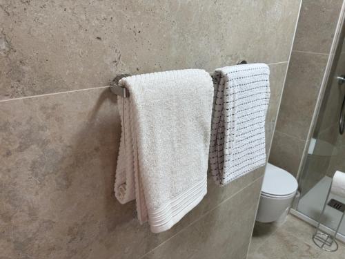 zwei weiße Handtücher hängen an einer Wand im Bad in der Unterkunft Le charme aux portes de Paris in Bonneuil-sur-Marne