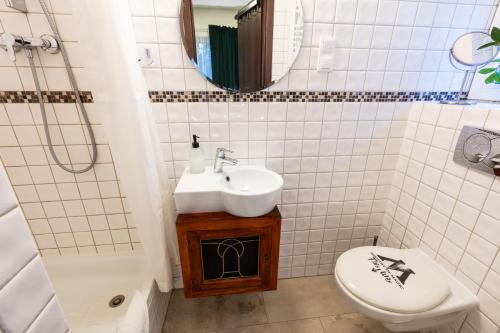 a bathroom with a sink and a toilet at Harry nie z tej bajki & Bałtycka44 Apartments in Olsztyn