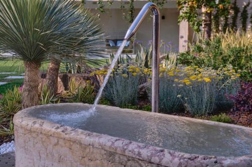 a water fountain in a stone tub in a garden at Hotel Mioni Pezzato in Abano Terme
