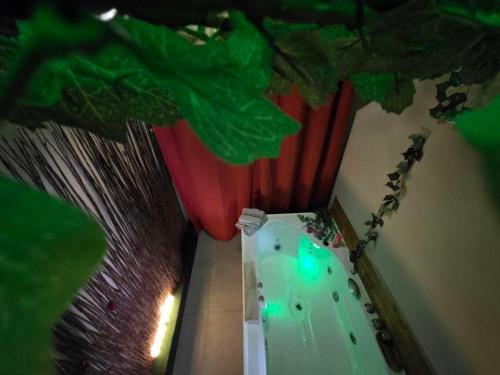 an overhead view of a building with red and green curtains at Love room - L'escapade du désir in Trouillas