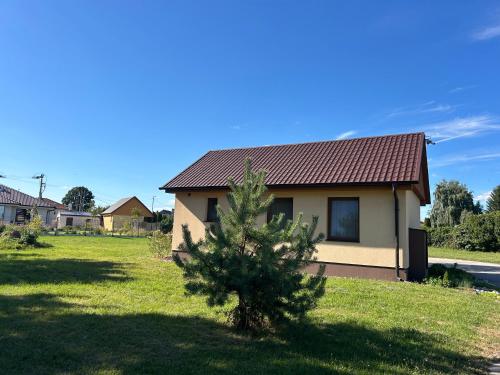 a house with a christmas tree in the yard at Domček Lodenica in Šintava
